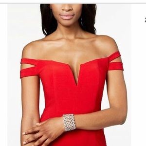 Xscape red off the shoulder body con long dress
